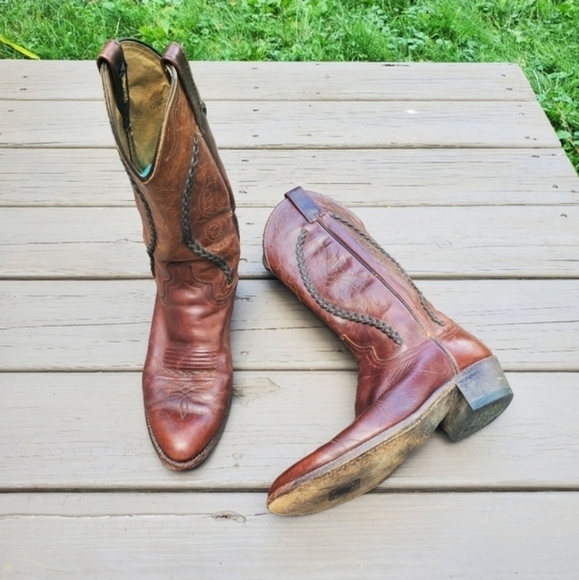 Vintage 70s Dan Post Brown Leather Braid Shaft Western Cowboy Motorcycle Boots 9 - Picture 9 of 9